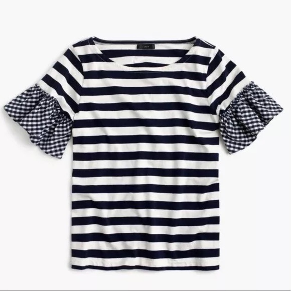 J CREW - Striped Gingham Ruffle Sleeve top